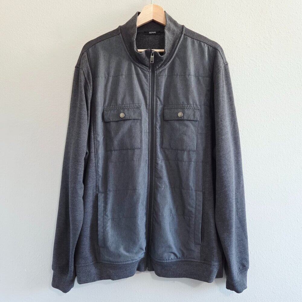 Alfani Reyes Men Mixed Media Zip Sweater Jacket XXL Charcoal Gray